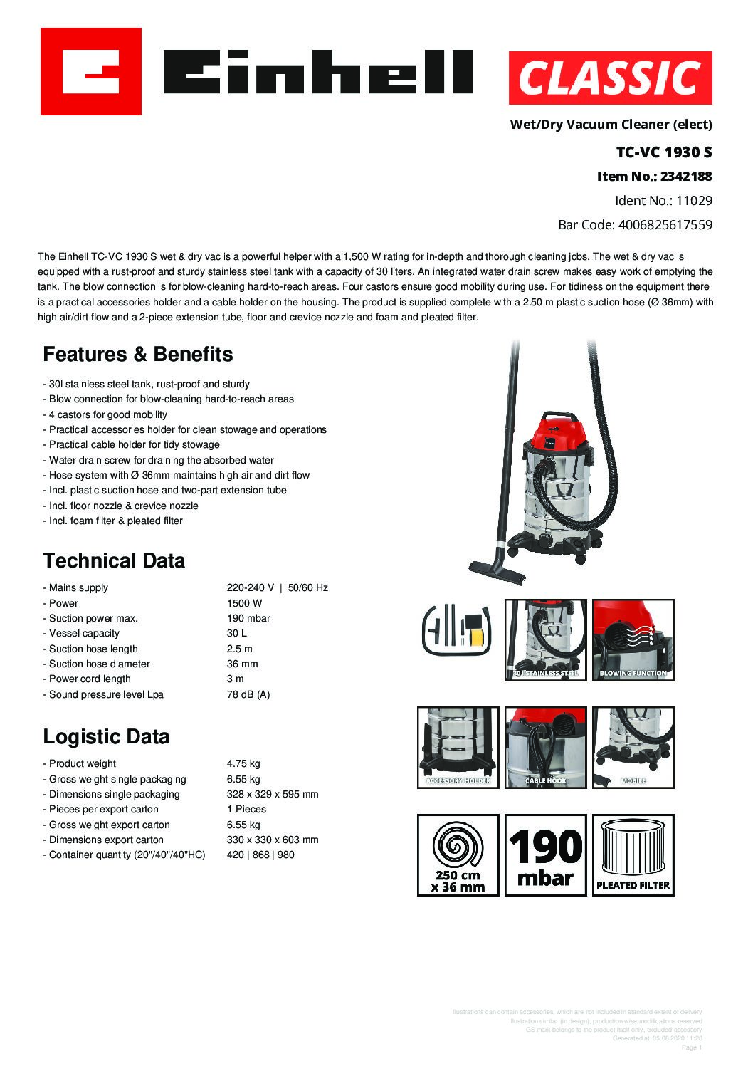 EINHELL - TC-VC 1930 S, Wet/Dry Vacuum Cleaner (CORDED) - Image 2