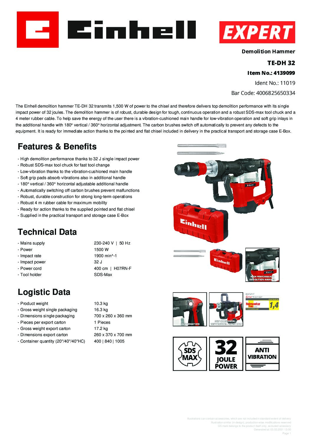 EINHELL - TE-DH 32, Demolition Hammer (CORDED) - Image 2