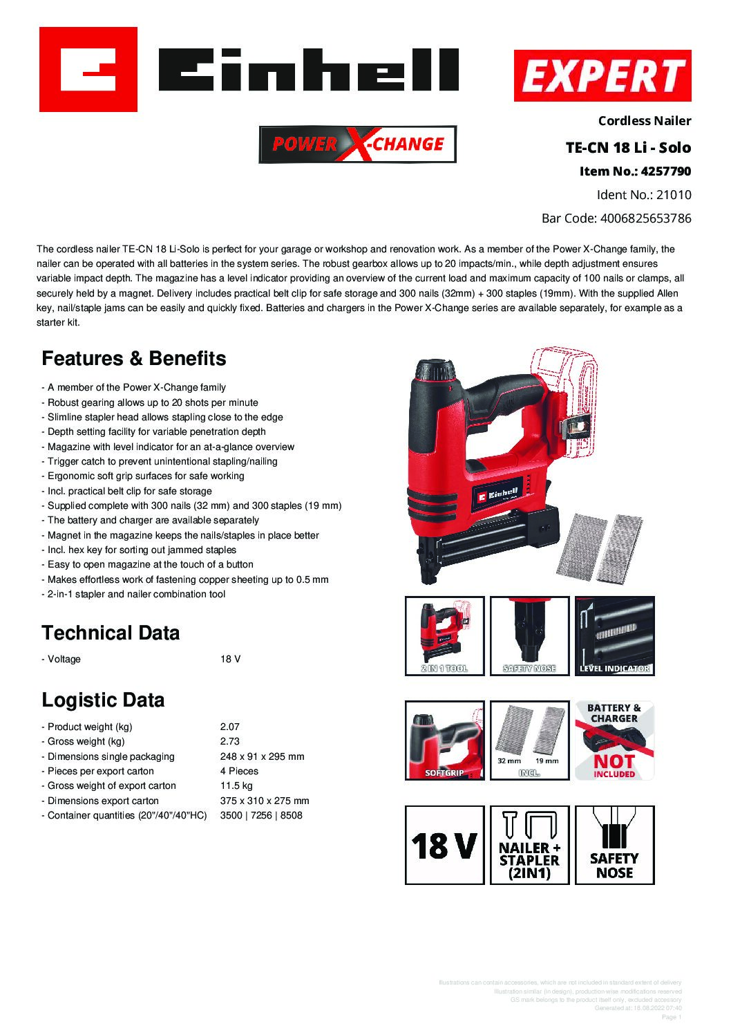 EINHELL - TE-CN 18 LI - SOLO, CORDLESS NAILER (NO STARTER KIT INCL) - Image 2