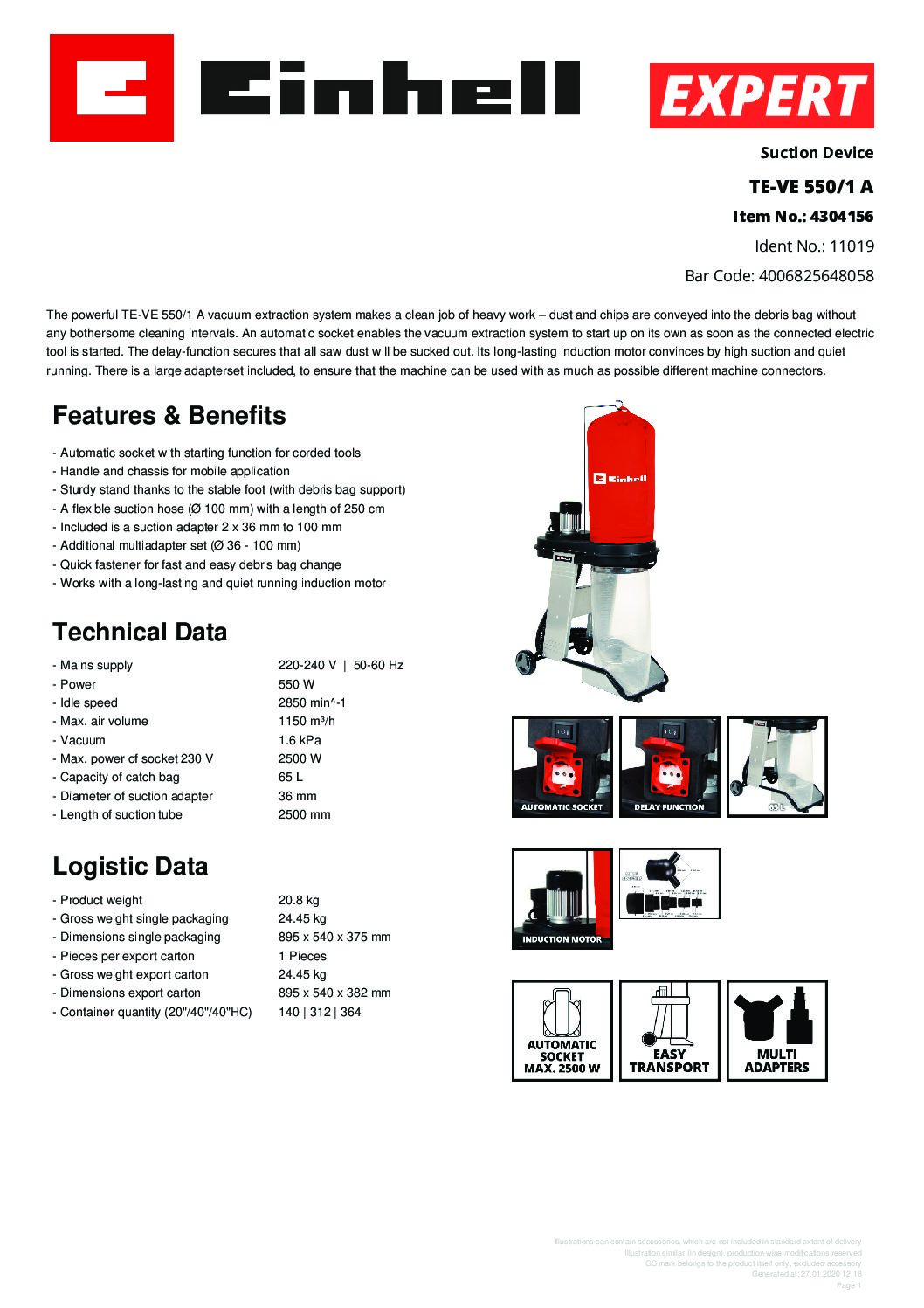 EINHELL - TE-VE 550/1 A, Suction Device (CORDED) - Image 2
