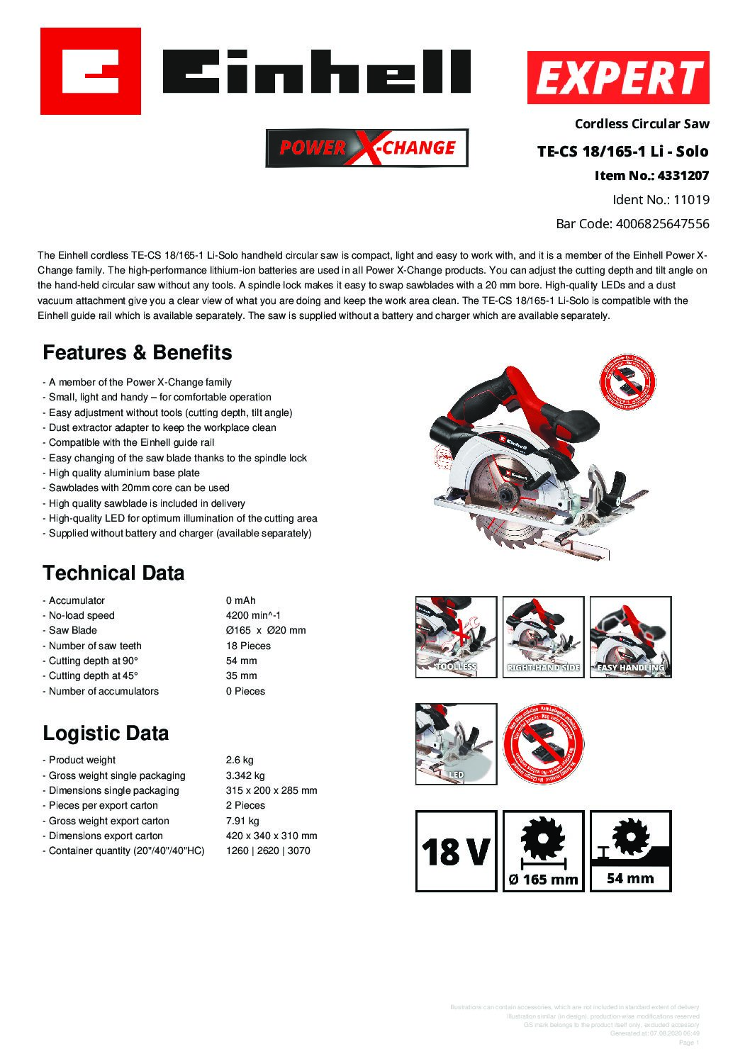 EINHELL - TE-CS 18/165-1 Li - Solo, Cordless Circular Saw - (NO STARTER KIT) - Image 3