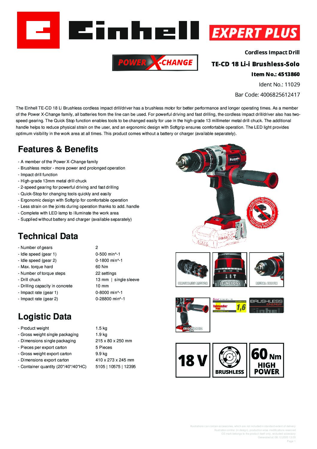 EINHELL - TE-CD 18 Li-i Brushless-Solo, Cordless Impact Drill - (NO STARTER KIT) - Image 2