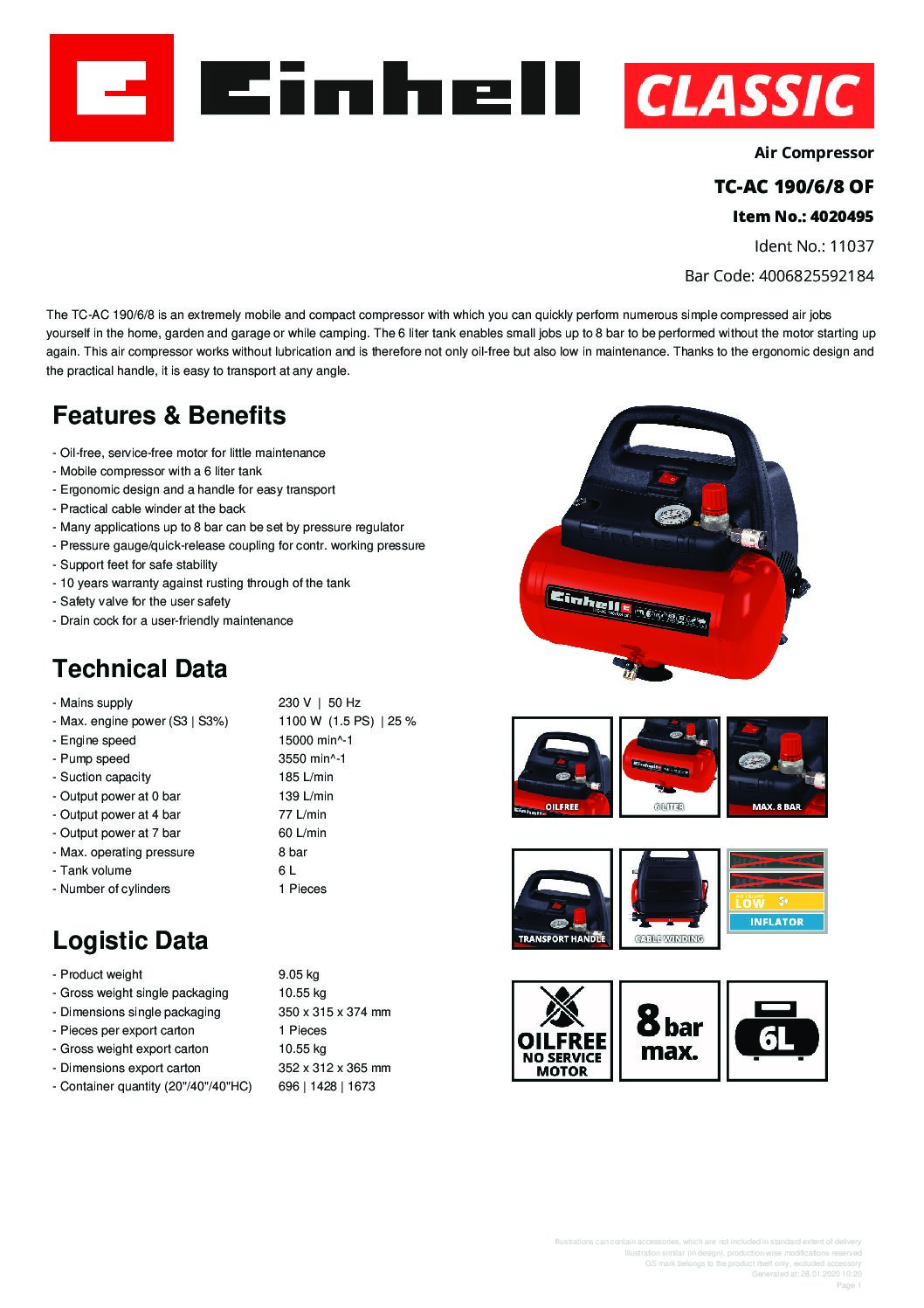 EINHELL - TC-AC 190/6/8 OF, Air Compressor (CORDED) - Image 8