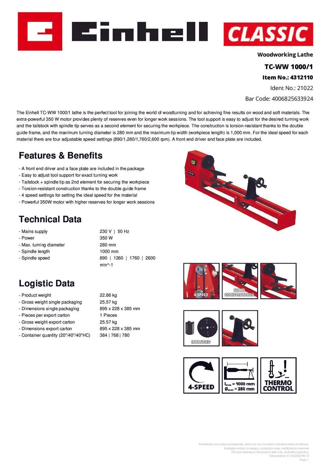 EINHELL - TC-WW 1000/1, Woodworking Lathe (CORDED) - Image 8